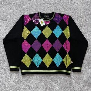 Teddy Fresh Sequin Argyle Sweater Mens‎ Large Black Multicolor Crewneck Pullover